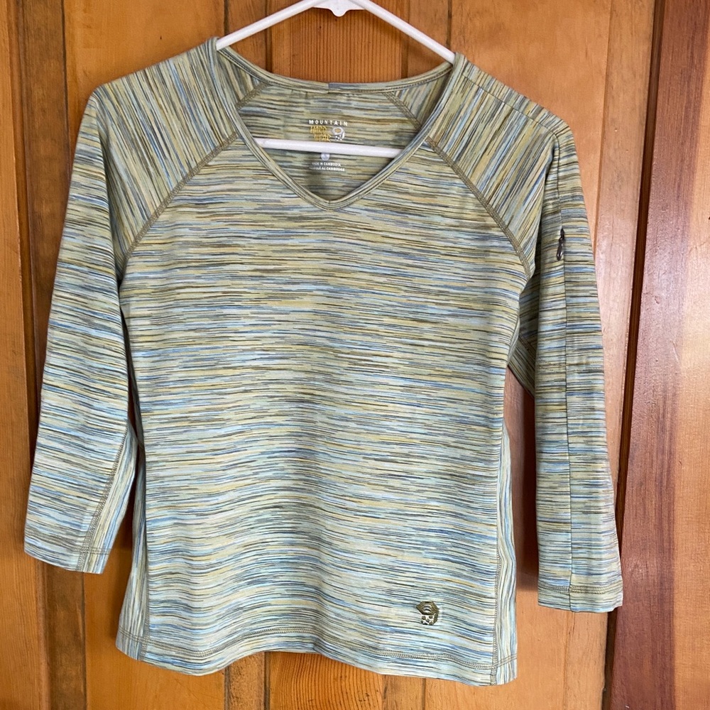 Mountain Hardwear Women’s Striped V‑Neck Long Sleeve Top in Sage and Blue